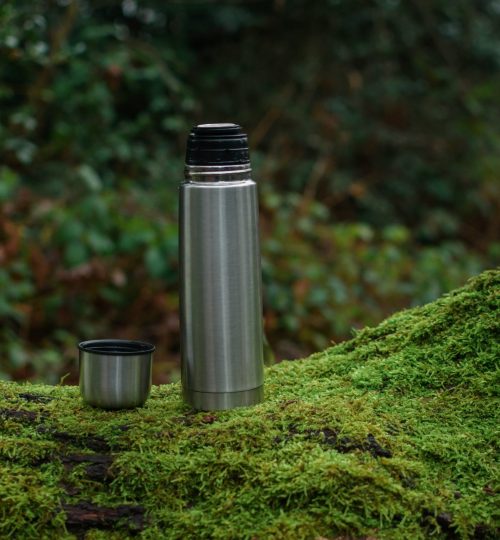 Vacuum,Flask,With,Mug,On,Moss,Branch,Tree,Horizontal,Photo